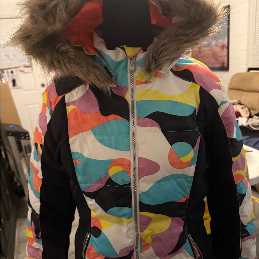 Spyder Multicolor Kids Puffer Jacket with Faux Fur Hood